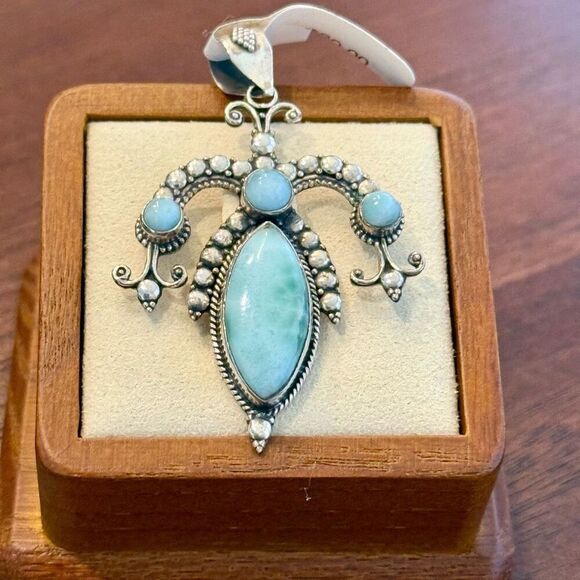 Unique Natural Larimar Gemstone Necklace Pendant 925 Sterling Silver New - Picture 1 of 7